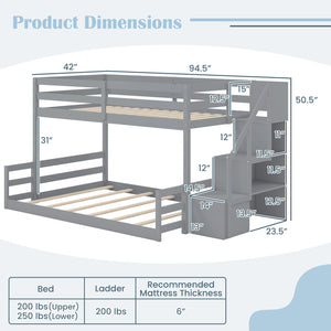 Solid Wood Twin Over Full Low Bunk Bed with Storage Stairs-Grey