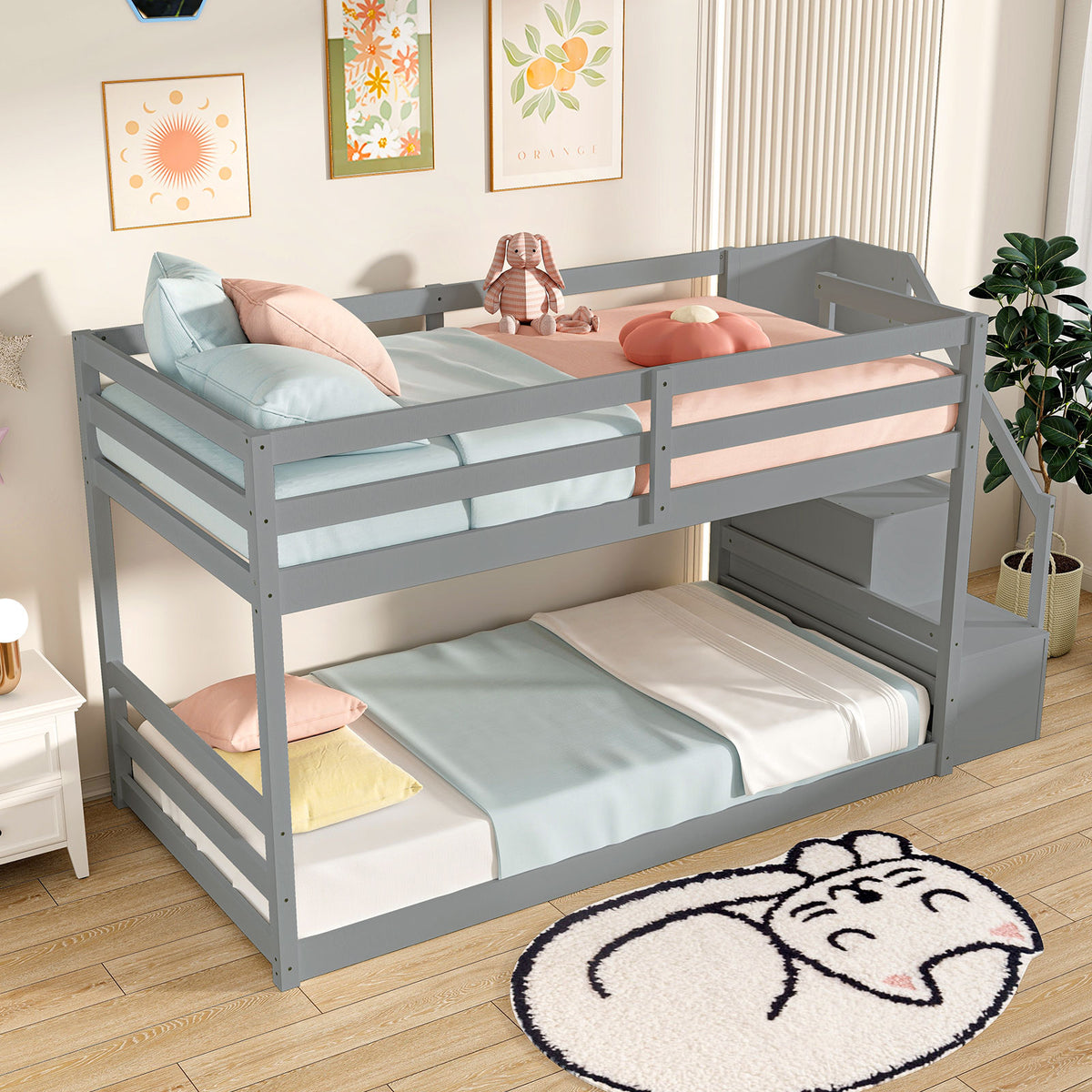 Twin Over Twin Low Bunk Bed with Storage Stairs Solid Wood Floor Bunk Bed Frame-Gray