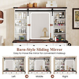 Farmhouse Vanity Desk with Barn-Style Sliding Mirror and 3 Lighting Modes-White