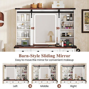 Farmhouse Vanity Desk with Barn-Style Sliding Mirror and 3 Lighting Modes-White