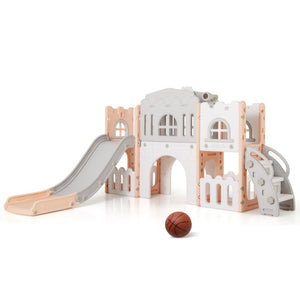 All-in-1 Toddler Slide Playset Playground with Tunnel and Ladder and Basketball-Pink