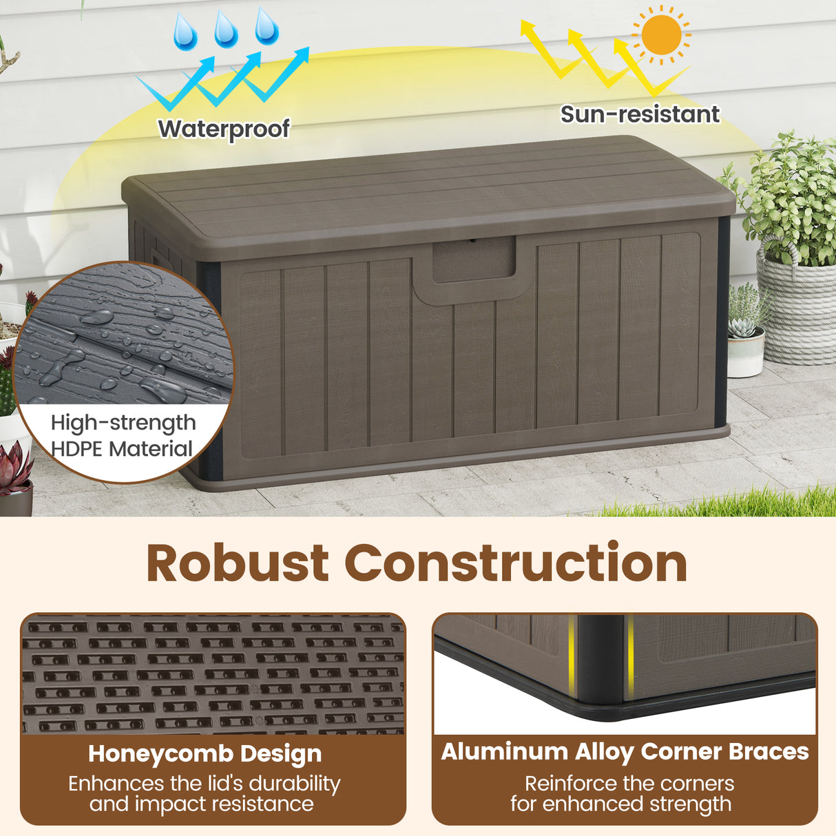 100 Gallon Large Deck Box with Lockable Lid for Patio-Brown