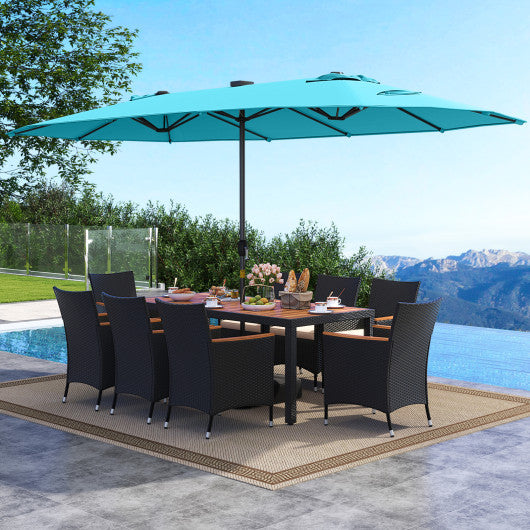 11 Pieces Patio Dining Set with LED Patio Umbrella with Base and Seat Cushions (Beige)-Turquoise