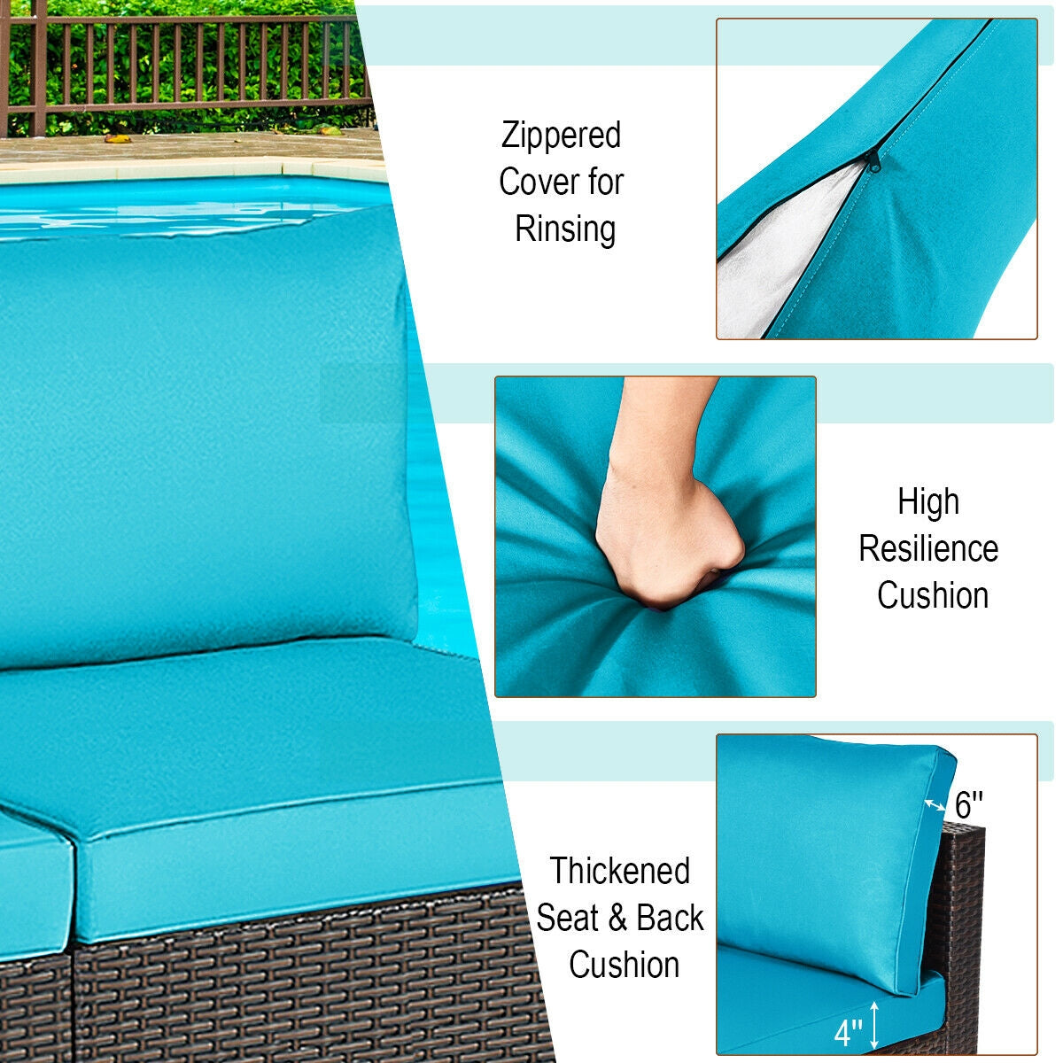 2 Pieces Patio Rattan Armless Sofa Set with 2 Cushions and 2 Pillows-Navy