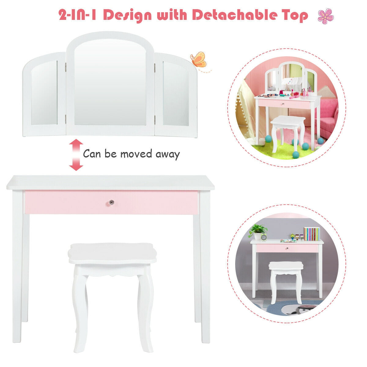 Kids Princess Make Up Dressing Table with Tri-folding Mirror and Chair-Pink