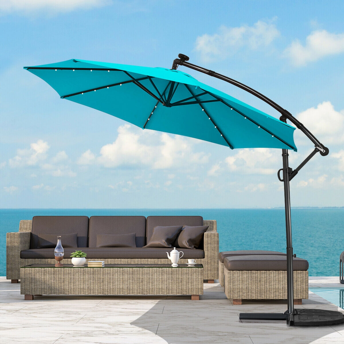 10 ft 360 ° Rotation Solar Powered LED Patio Offset Umbrella without Weight Base-Beige