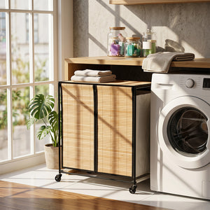 18.5 Gal Laundry hamper with Lid 2-Section with 2 Lockable Wheels-Natural