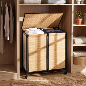 18.5 Gal Laundry hamper with Lid 2-Section with 2 Lockable Wheels-Natural