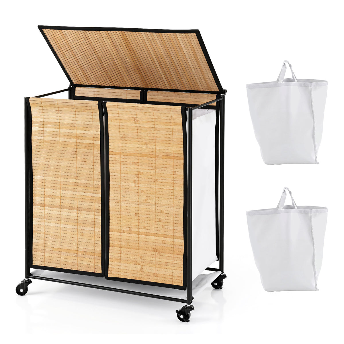 18.5 Gal Laundry hamper with Lid 2-Section with 2 Lockable Wheels-Natural