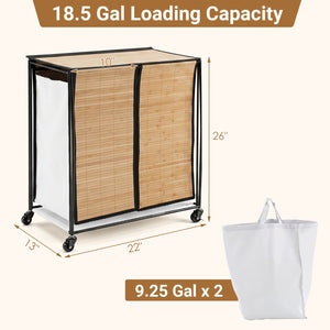 18.5 Gal Laundry hamper with Lid 2-Section with 2 Lockable Wheels-Natural