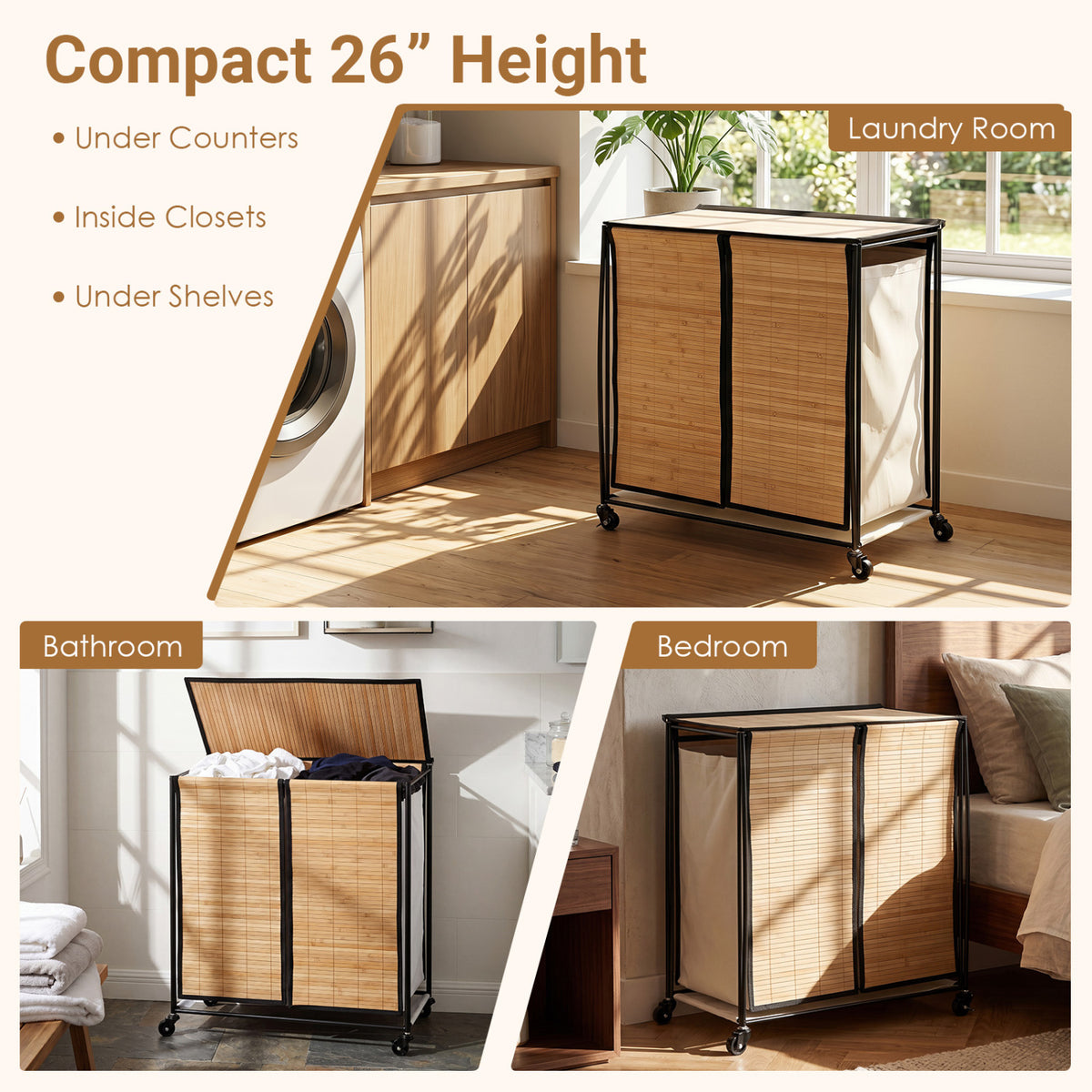 18.5 Gal Laundry hamper with Lid 2-Section with 2 Lockable Wheels-Natural