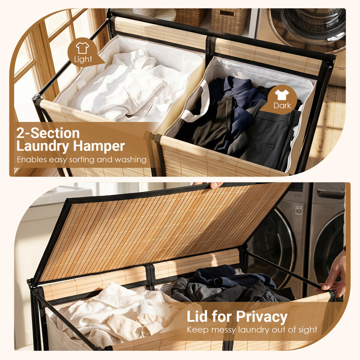 18.5 Gal Laundry hamper with Lid 2-Section with 2 Lockable Wheels-Natural