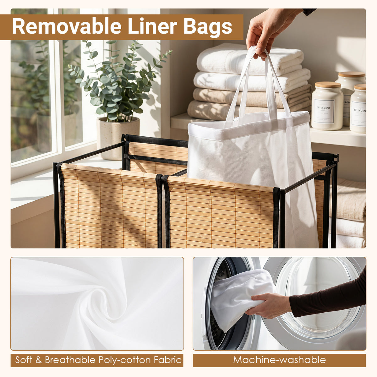 18.5 Gal Laundry hamper with Lid 2-Section with 2 Lockable Wheels-Natural