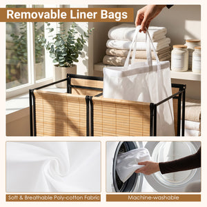 18.5 Gal Laundry hamper with Lid 2-Section with 2 Lockable Wheels-Natural