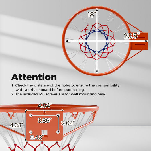 18" Basketball Rim Heavy Duty Wall Mounted Basketball Rim Goal Replacement-Orange