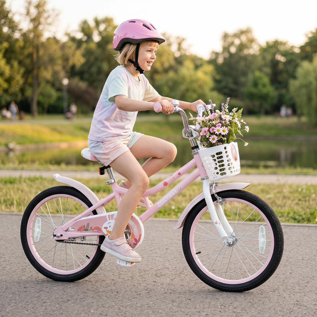 18 Inch Adjustable Seat Kids Bike with Front Basket Handlebar and Training Wheels-Pink