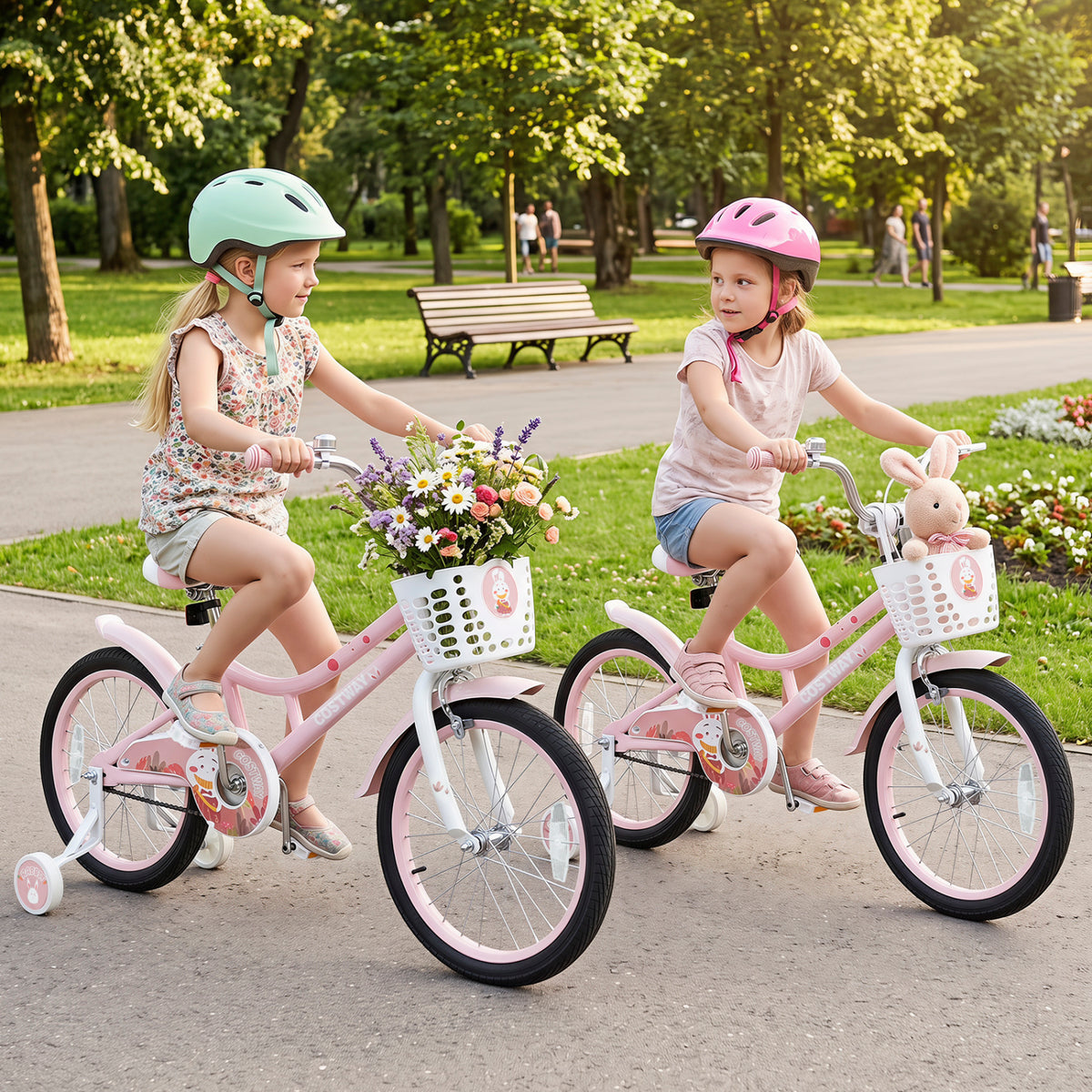 18 Inch Adjustable Seat Kids Bike with Front Basket Handlebar and Training Wheels-Pink