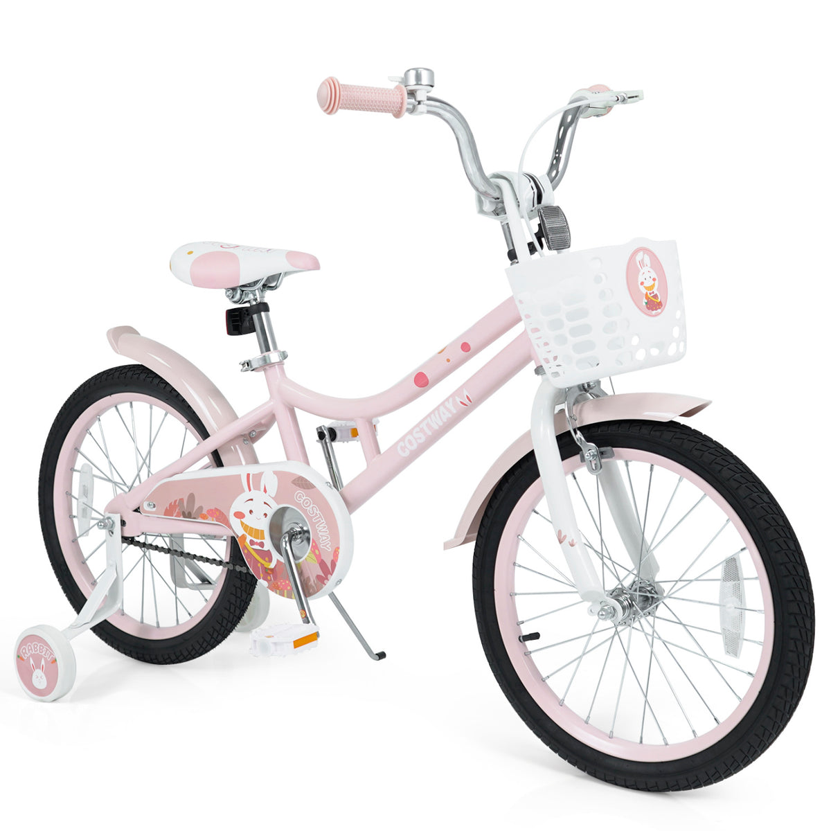 18 Inch Adjustable Seat Kids Bike with Front Basket Handlebar and Training Wheels-Pink
