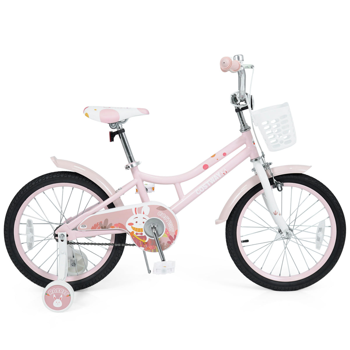 18 Inch Adjustable Seat Kids Bike with Front Basket Handlebar and Training Wheels-Pink