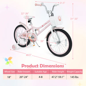 18 Inch Adjustable Seat Kids Bike with Front Basket Handlebar and Training Wheels-Pink