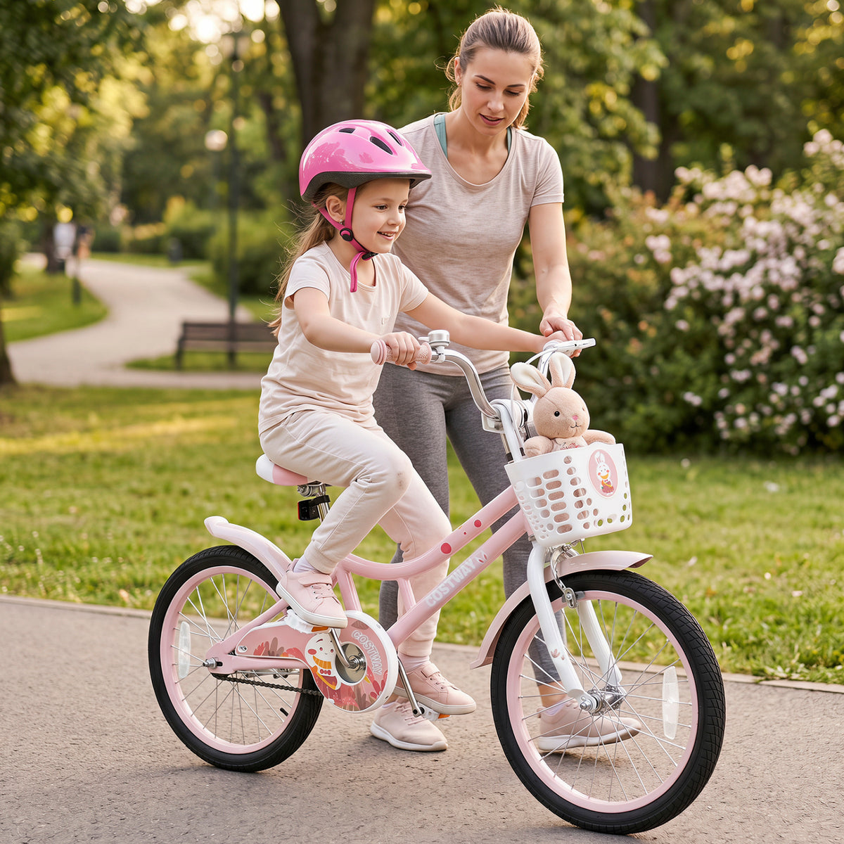 18 Inch Adjustable Seat Kids Bike with Front Basket Handlebar and Training Wheels-Pink