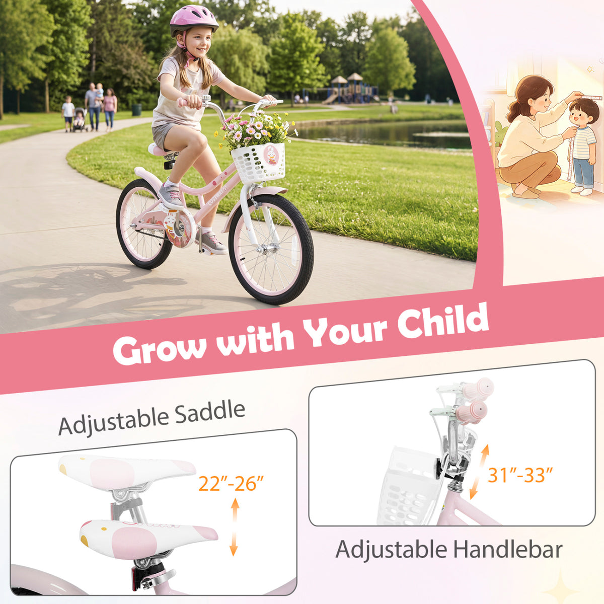 18 Inch Adjustable Seat Kids Bike with Front Basket Handlebar and Training Wheels-Pink