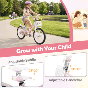 18 Inch Adjustable Seat Kids Bike with Front Basket Handlebar and Training Wheels-Pink