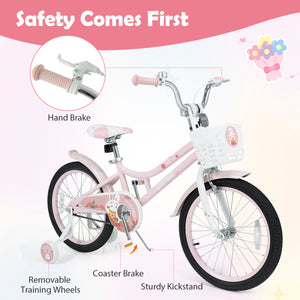 18 Inch Adjustable Seat Kids Bike with Front Basket Handlebar and Training Wheels-Pink