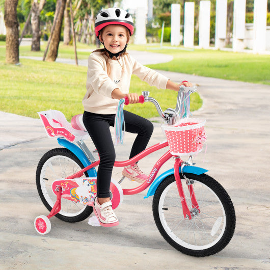 18 Inch Girls Bike for 3-5 Years Old Kids Bike with Doll Seat and Training Wheels