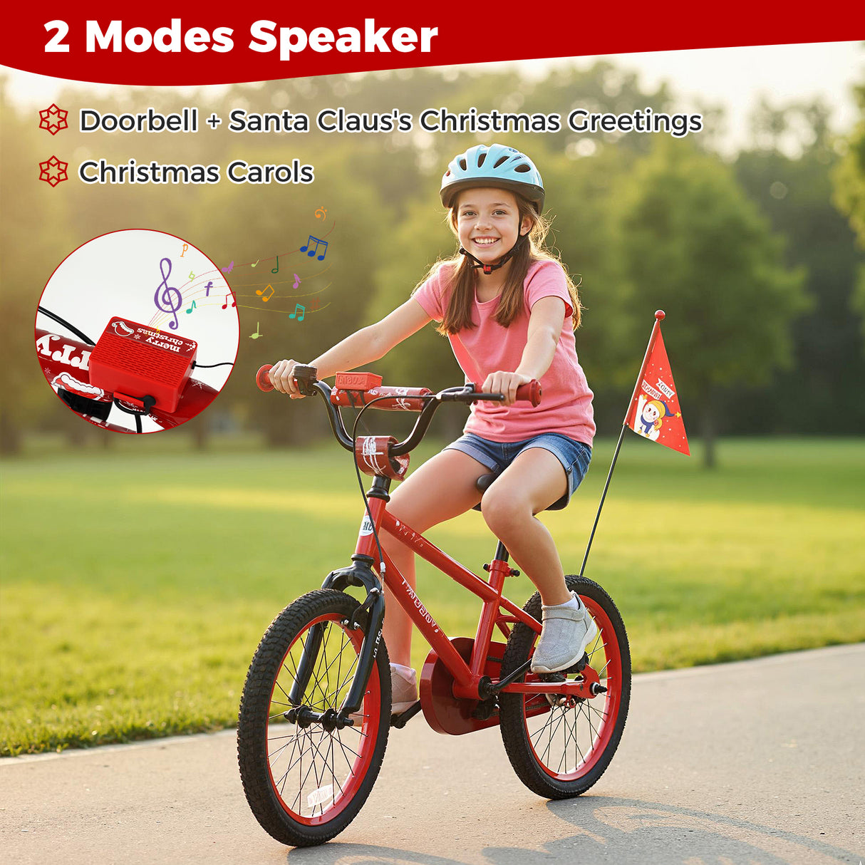 18 Inch Kids Bike Adjustable with Christmas Music & Flag for Aged 4-8 Years Old