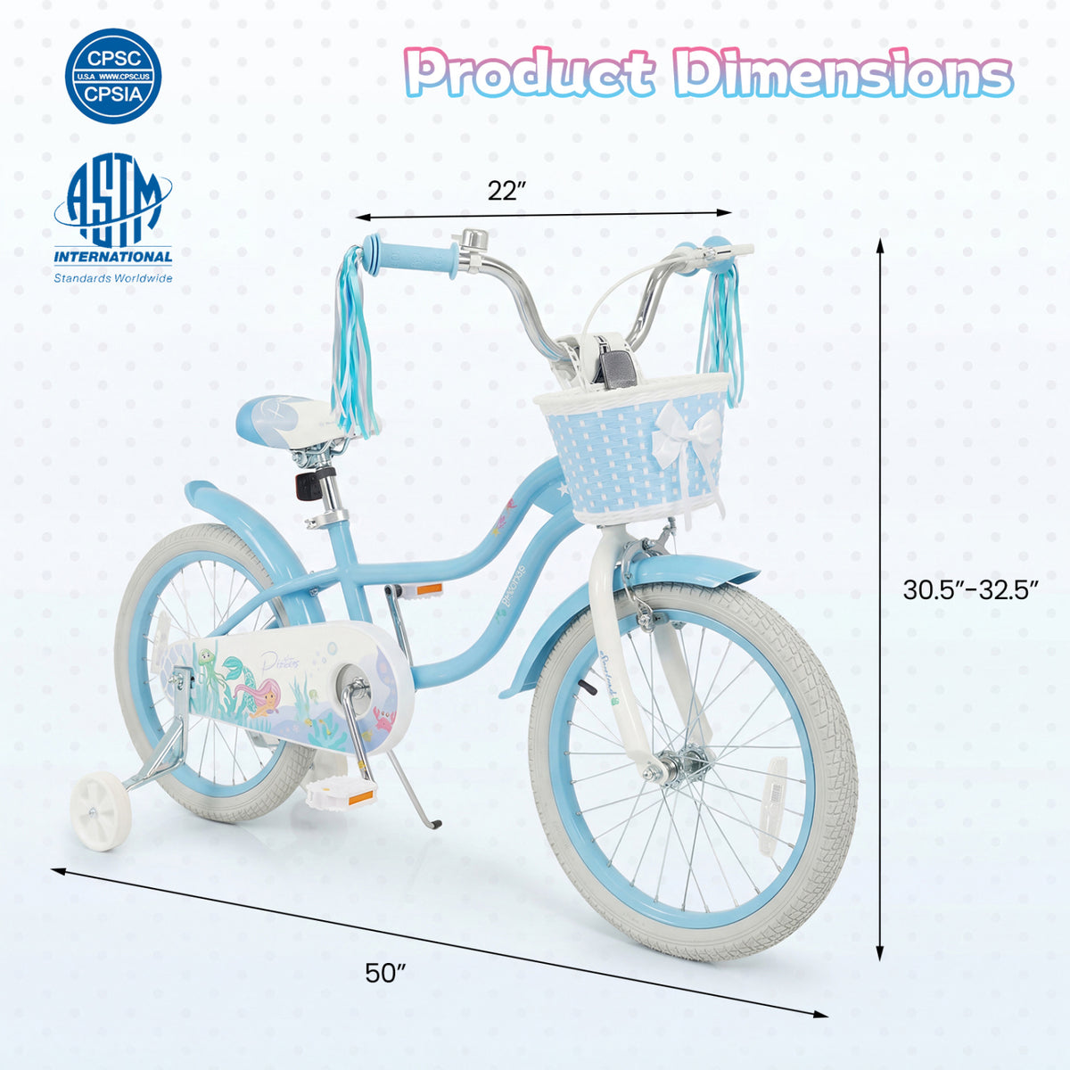 18 Inch Kids Bike Adjustable with Basket and Streamers Blue for Kids Aged 4-8 Years Old - Princess of the Sea Theme