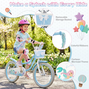 18 Inch Kids Bike Adjustable with Basket and Streamers Blue for Kids Aged 4-8 Years Old - Princess of the Sea Theme