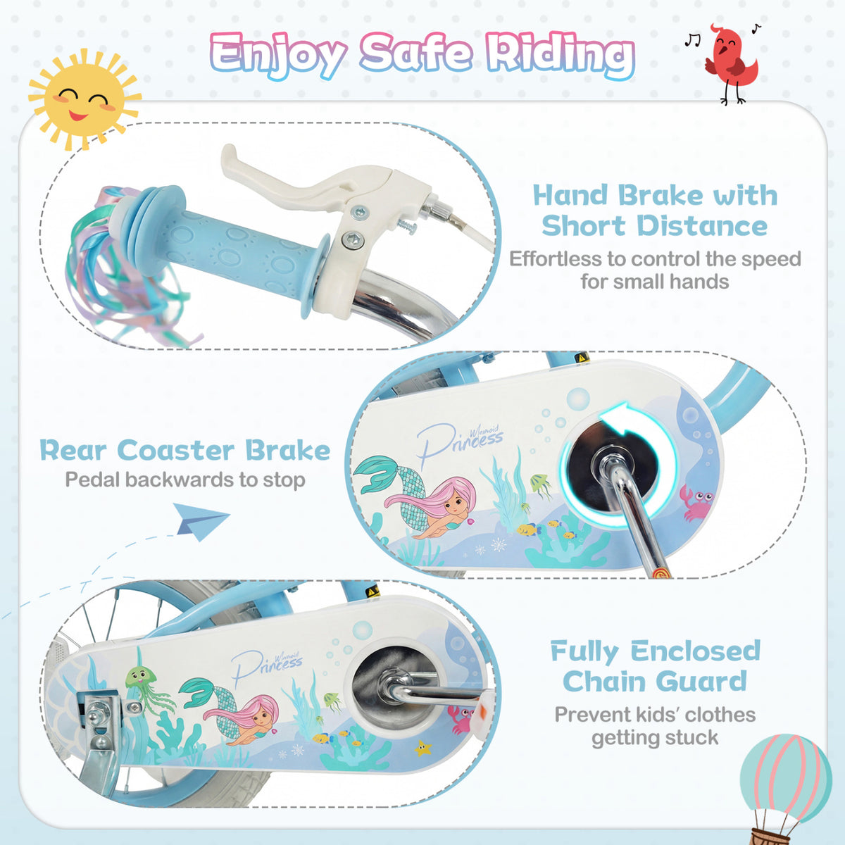 18 Inch Kids Bike Adjustable with Basket and Streamers Blue for Kids Aged 4-8 Years Old - Princess of the Sea Theme