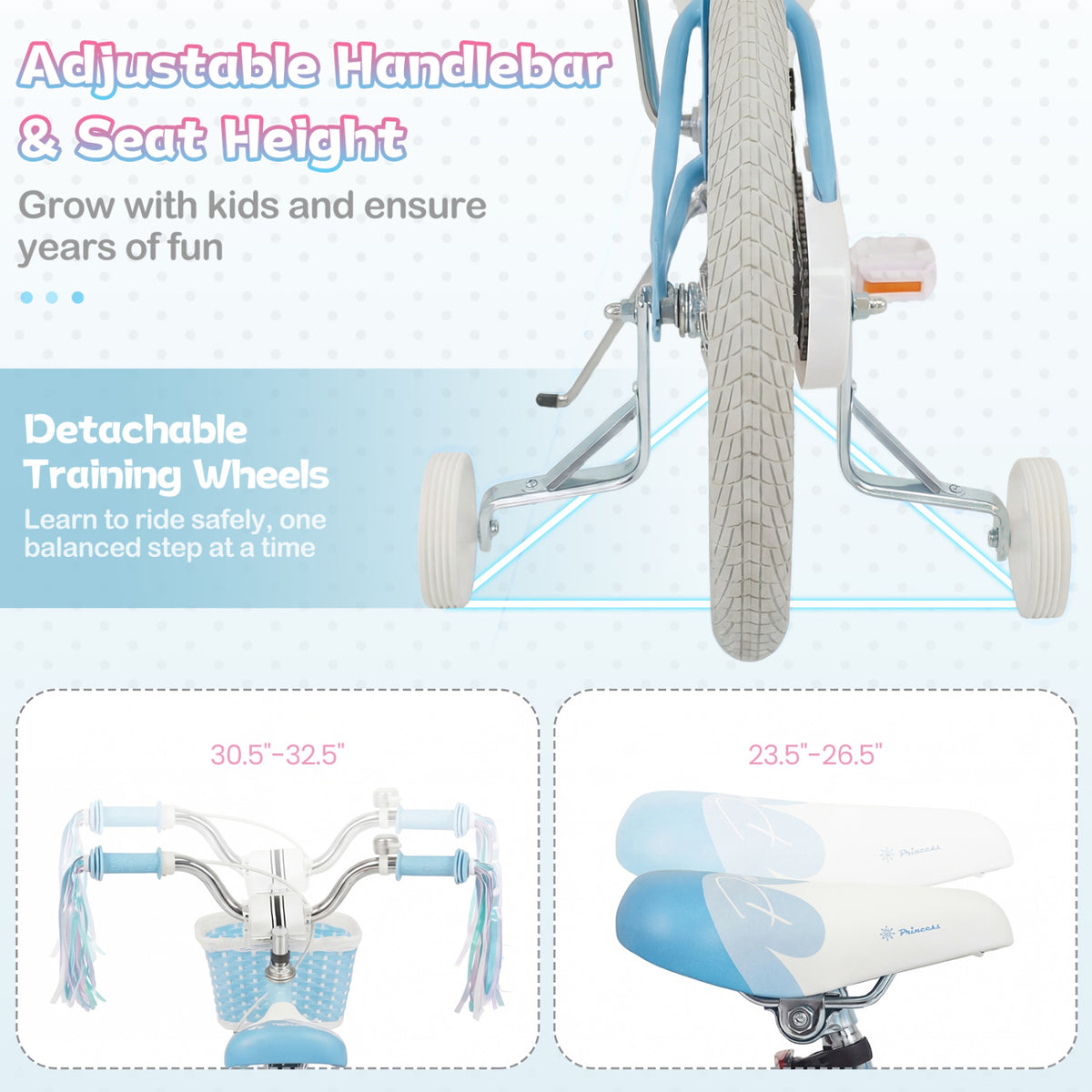 18 Inch Kids Bike Adjustable with Basket and Streamers Blue for Kids Aged 4-8 Years Old - Princess of the Sea Theme