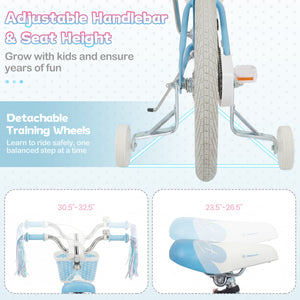 18 Inch Kids Bike Adjustable with Basket and Streamers Blue for Kids Aged 4-8 Years Old - Princess of the Sea Theme
