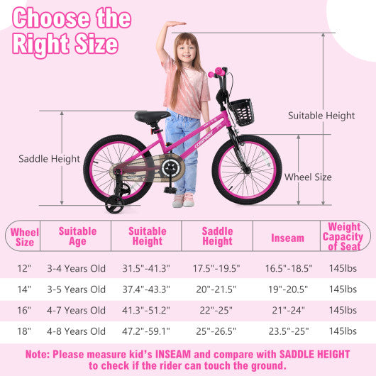 18 Inch Kids Bike Adjustable Bicycle with Front Basket for Children Aged 4-8 Years Old
