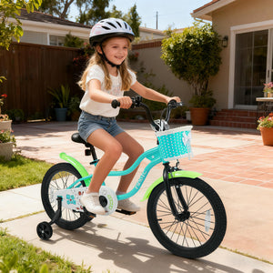 18 Inch Kids Bike with Training Wheels and Basket Green Color