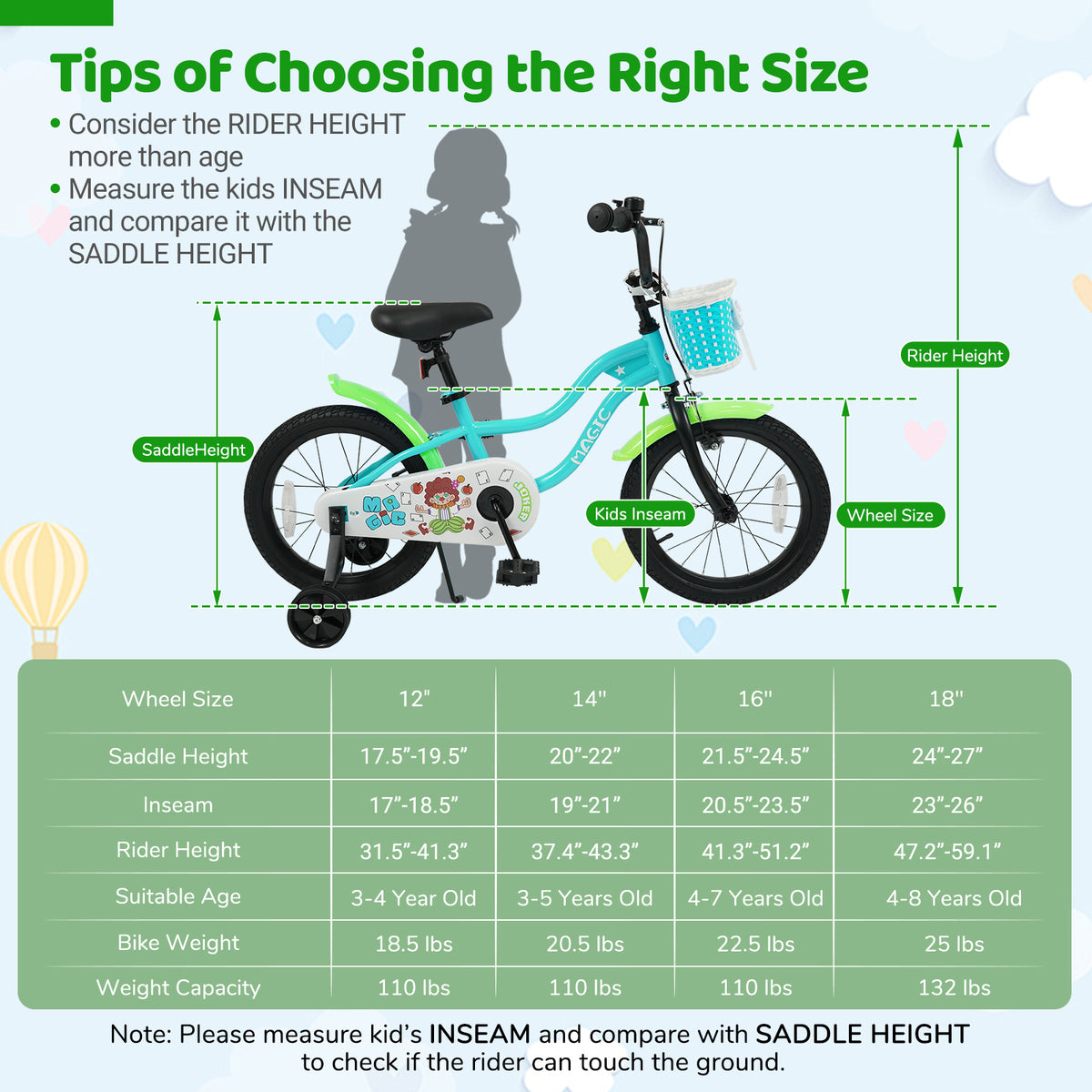 18 Inch Kids Bike with Training Wheels and Basket Green Color