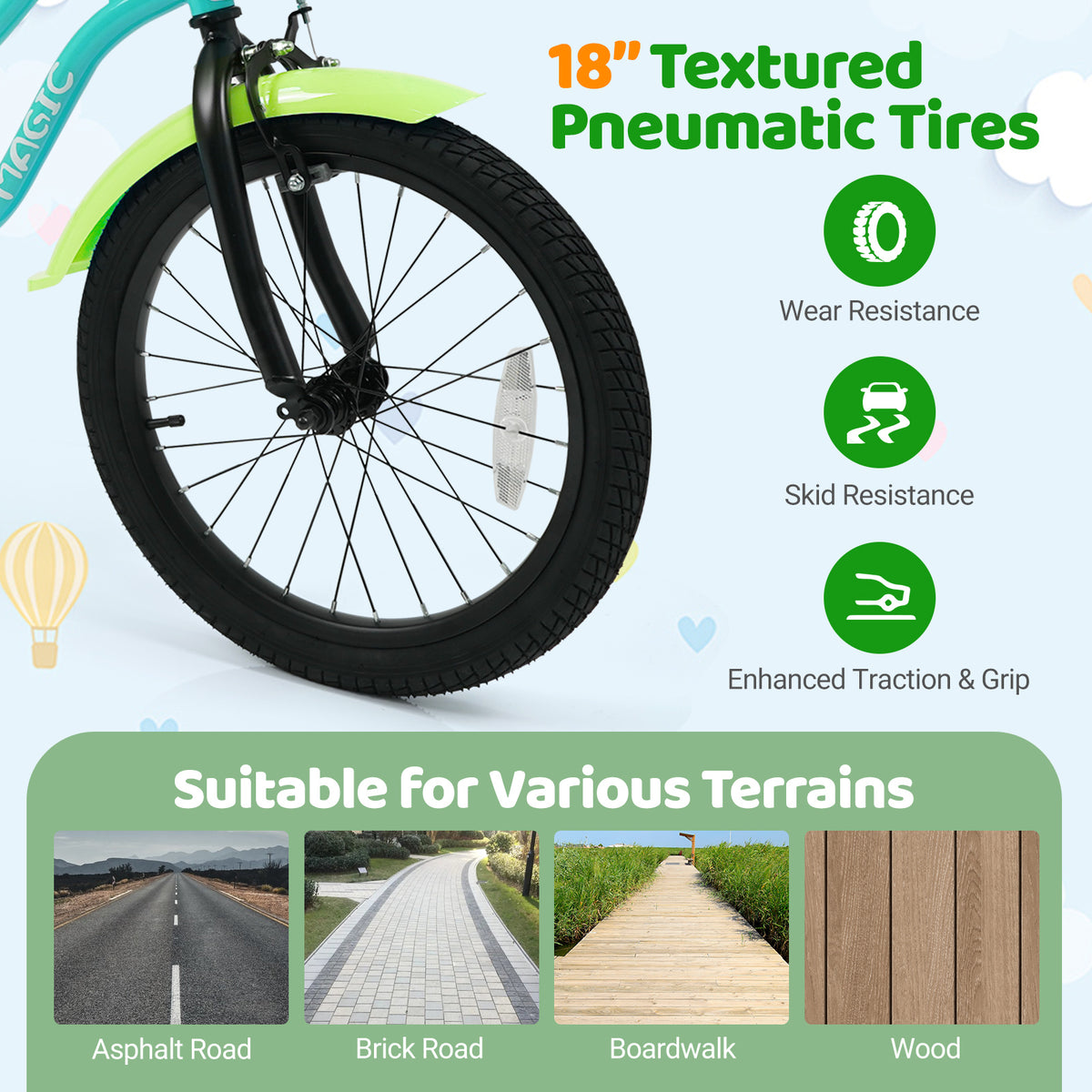 18 Inch Kids Bike with Training Wheels and Basket Green Color