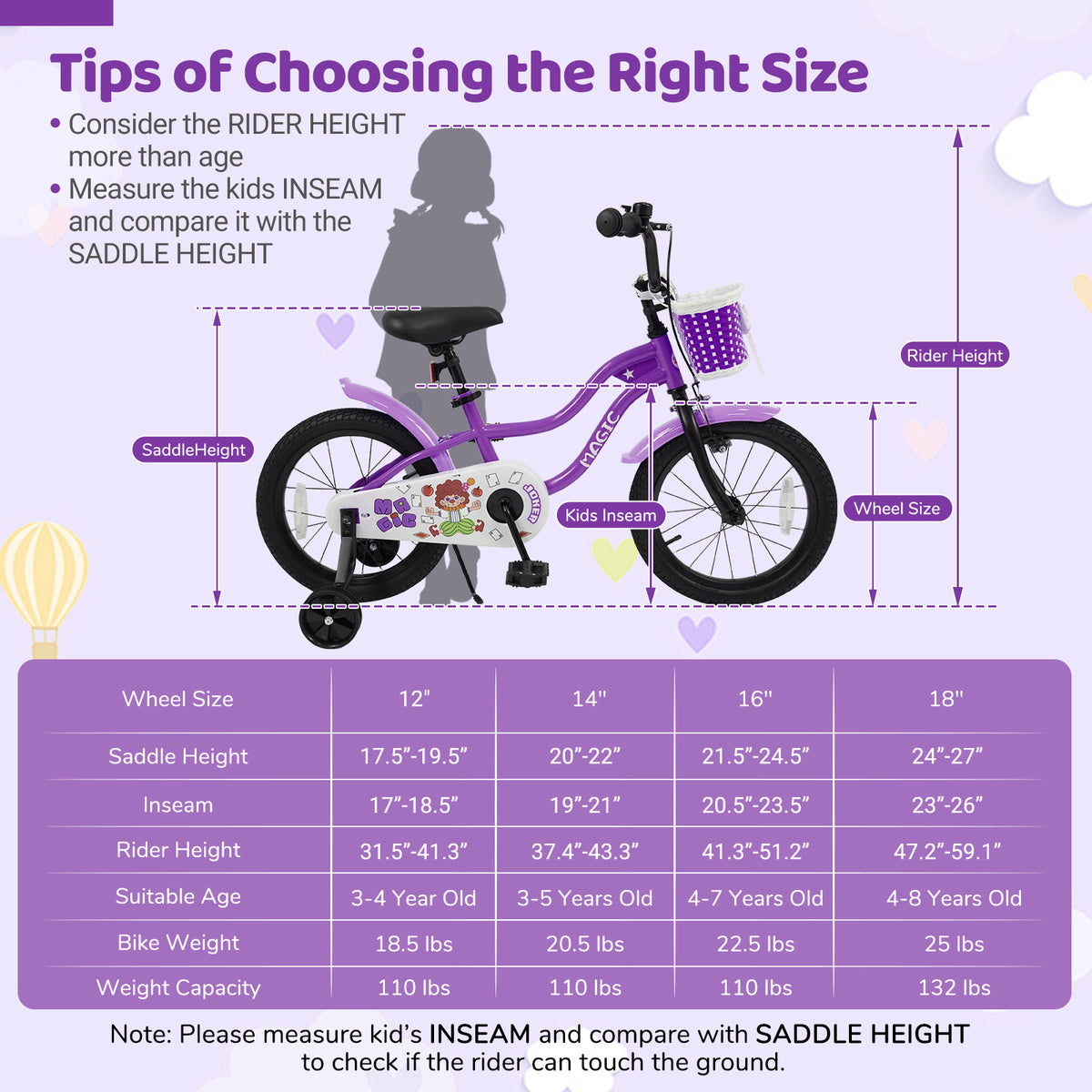 18 Inch Kids Bike with Training Wheels for Aged 3-8 Years Old - Magic Purple