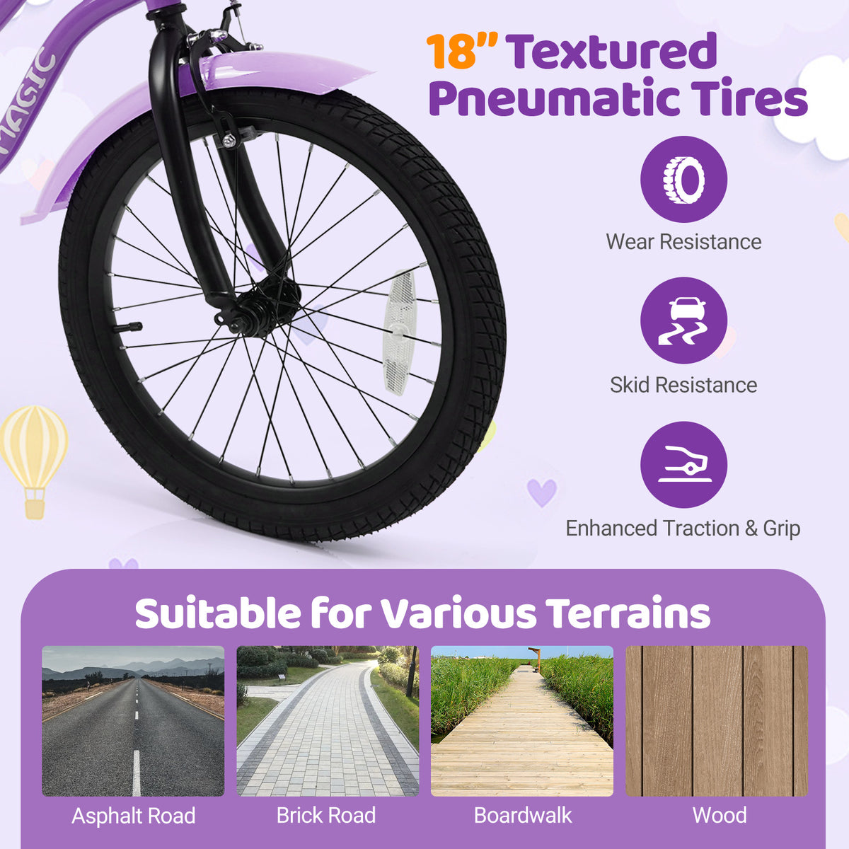 18 Inch Kids Bike with Training Wheels for Aged 3-8 Years Old - Magic Purple