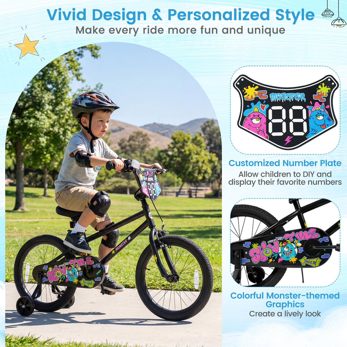 18 Inch Kids Bike with Training Wheels for Ages 4-8 Years Old Black- Street Art Time