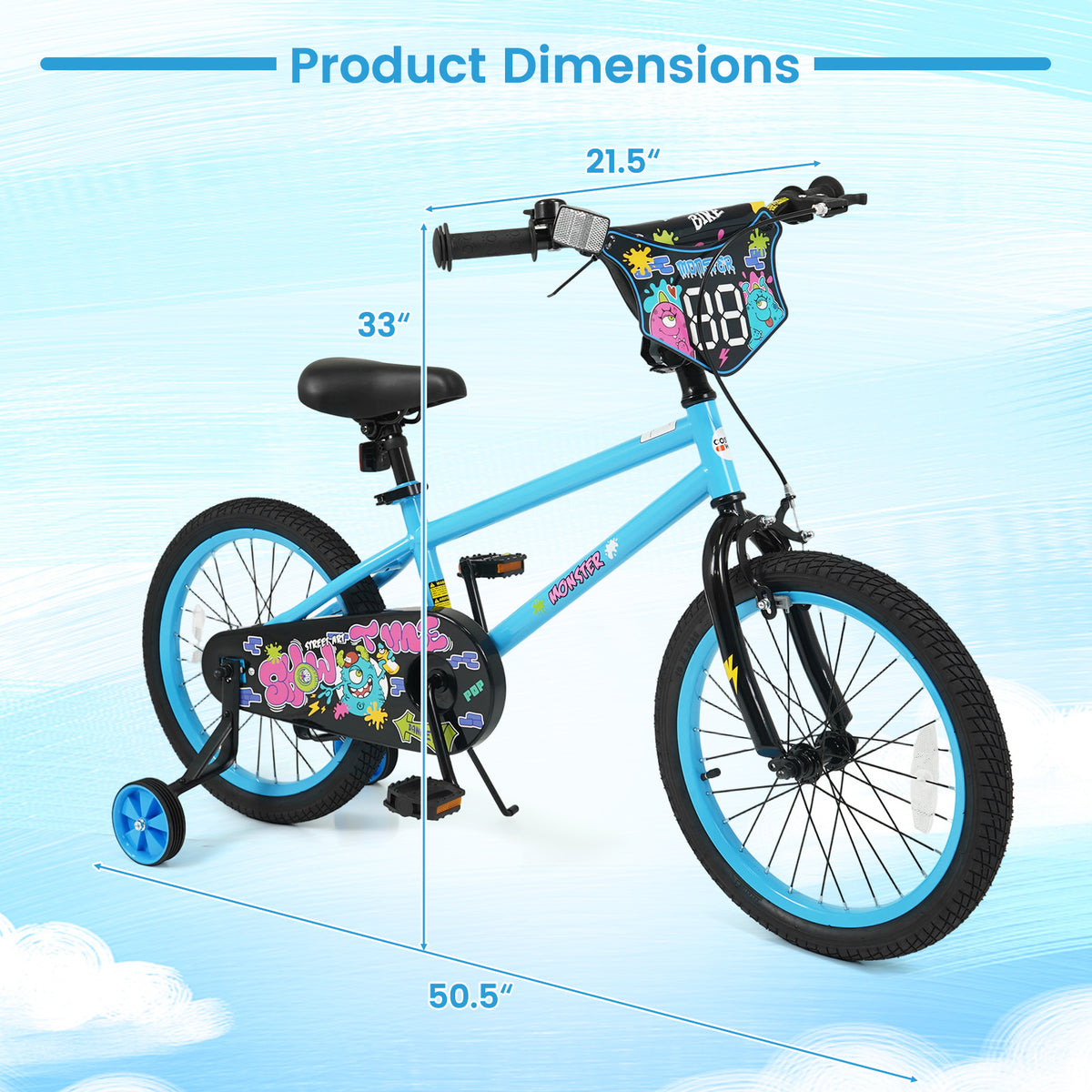 18 Inch Kids Bike with Training Wheels for Ages 4-8 Years Old Blue- Street Art Time
