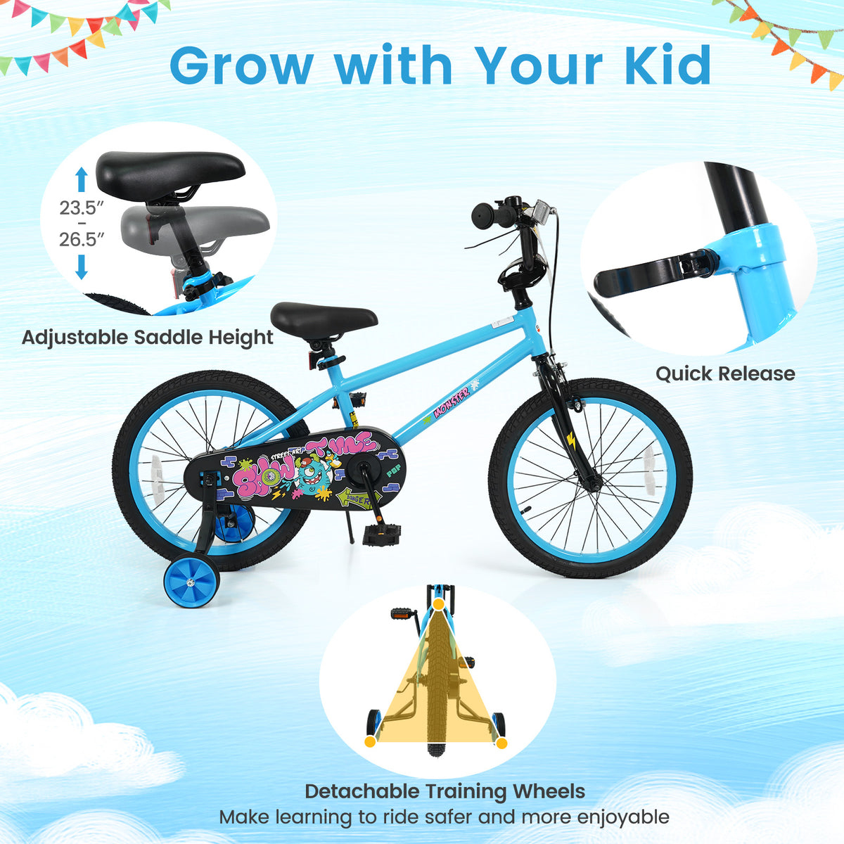 18 Inch Kids Bike with Training Wheels for Ages 4-8 Years Old Blue- Street Art Time