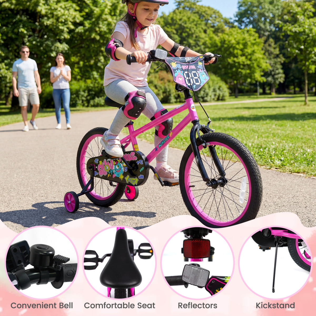 18 Inch Kids Bike with Training Wheels for Ages 4-8 Years Old Pink- Street Art Time