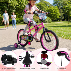 18 Inch Kids Bike with Training Wheels for Ages 4-8 Years Old Pink- Street Art Time