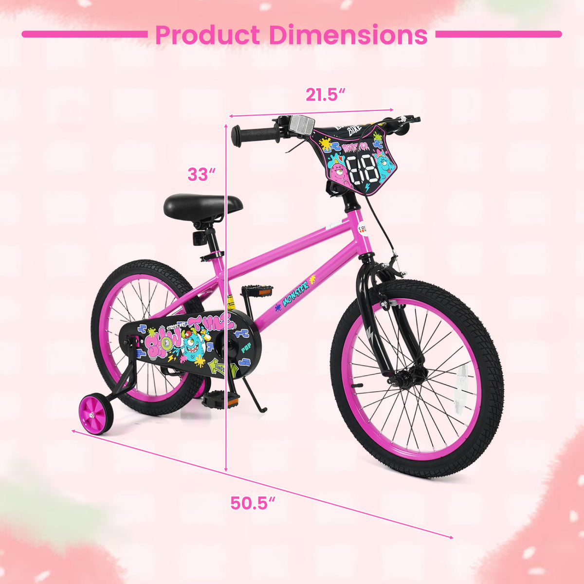 18 Inch Kids Bike with Training Wheels for Ages 4-8 Years Old Pink- Street Art Time