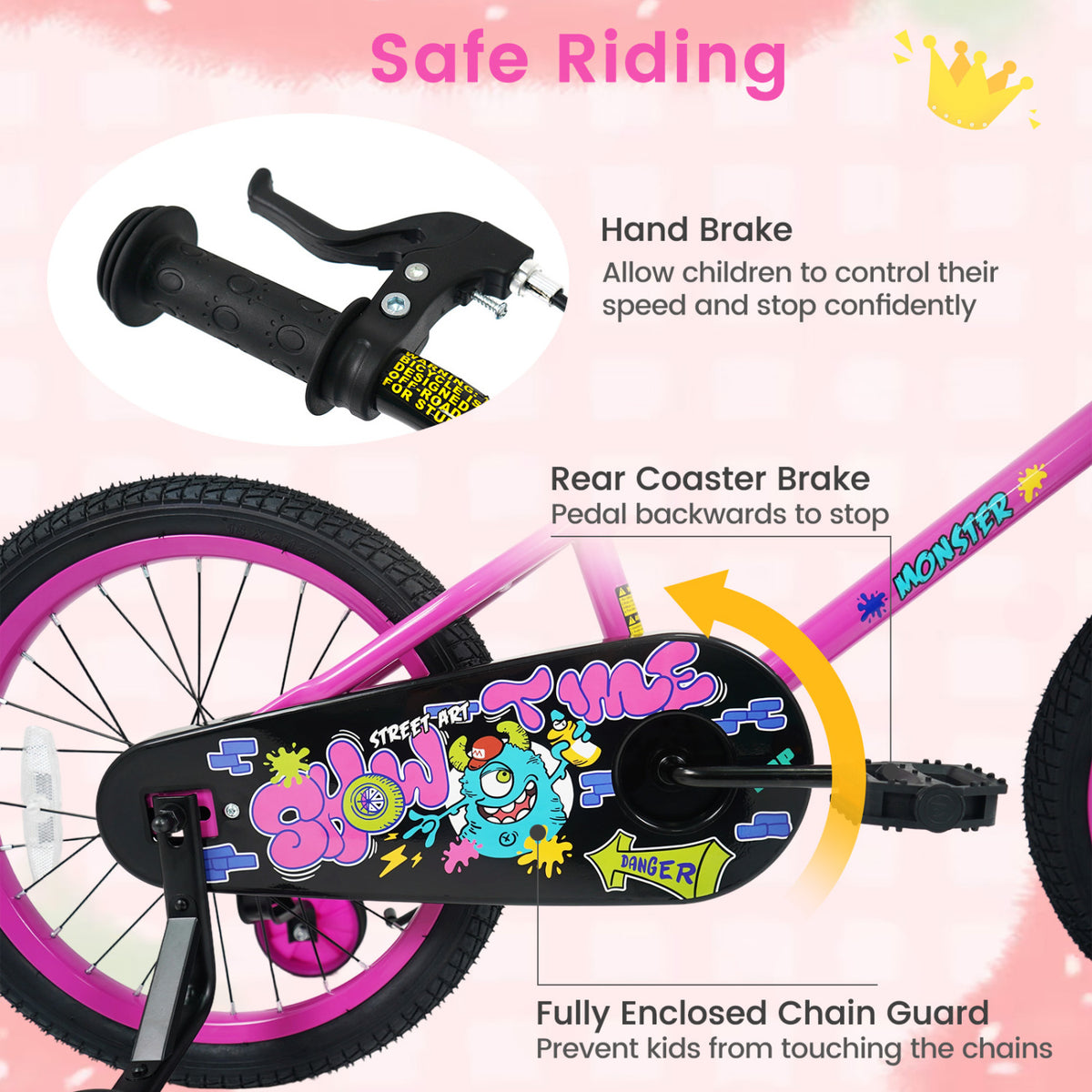 18 Inch Kids Bike with Training Wheels for Ages 4-8 Years Old Pink- Street Art Time