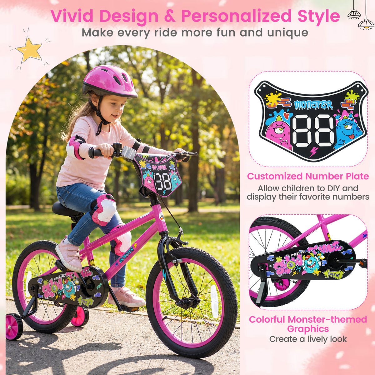 18 Inch Kids Bike with Training Wheels for Ages 4-8 Years Old Pink- Street Art Time
