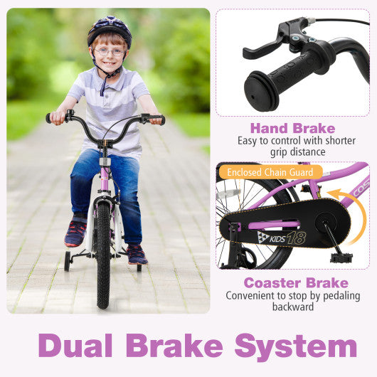 Kids Bike 18-Inch Children Training Bicycle with 2 Brake for 4-8 Years Old